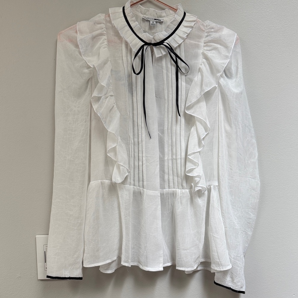 Fashion Nova White Ruffled Blouse with Black Trim